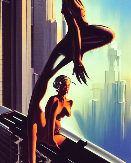 Image similar to a picture of a woman sitting on a ledge, cyberpunk art by boris vallejo and by syd mead and by hiroshi nagai, cgsociety, figurative art, airbrush art, made of liquid metal, synthwave