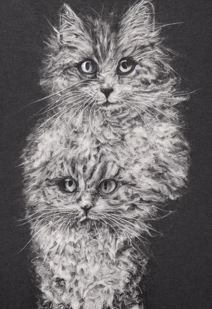 Image similar to fluffy cat t - shirt design, afro comb, by jules julien, dark grisaille monochrome neon spraypaint, ironic