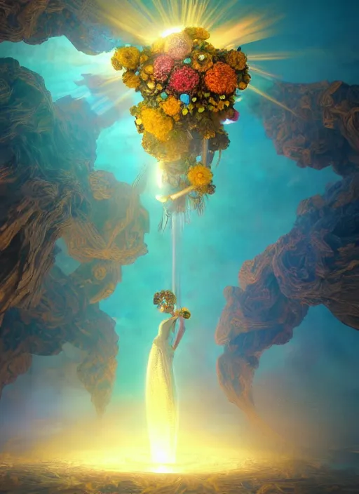 Image similar to flowers within the whole infinite capsule apparent with awe the apparition, an idea seep's into infinity highly detailed in volumetric latent space, golden turquoise steampunk, high contrast cinematic light, mystical shadows, sharp focus, divine realm of gods, octane render, artist by boris vallejo,