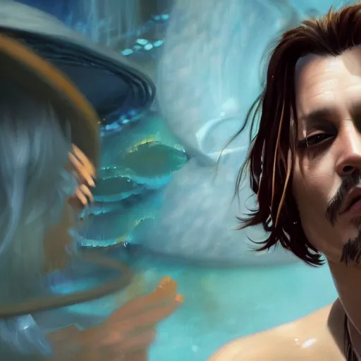 Image similar to johnny depp in a pool full of chip dip, ultra high detailed, oil painting, greg rutkowski, charlie bowater, yuumei, yanjun cheng, unreal 5, daz, hyperrealistic, octane render, rpg portrait, dynamic lighting