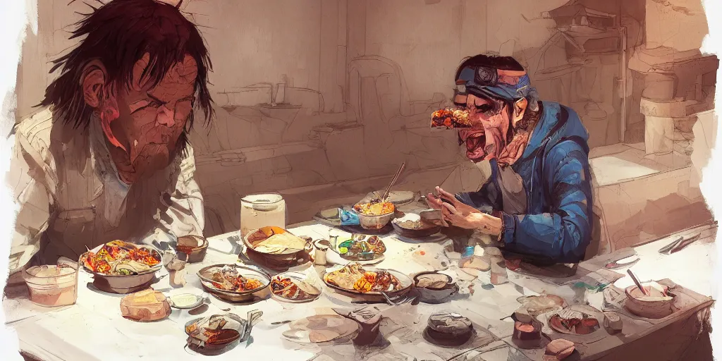 Image similar to cartoonish neil young eating dinner, vivid colors, character sheet, fine details, concept design, contrast, kim jung gi, greg rutkowski, trending on artstation, 8 k, full body, turnaround, front view, back view, ultra wide angle