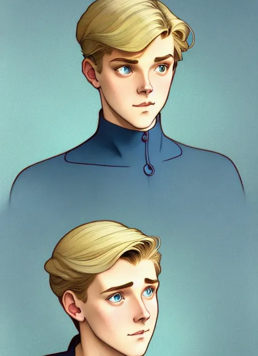 Image similar to art nouveau portrait of a pretty young man with short blond hair, light blue eyes, sad expression, scared, head down, natural lighting, path traced, highly detailed, high quality, cartoon, digital painting, by don bluth and ross tran and studio ghibli and alphonse mucha