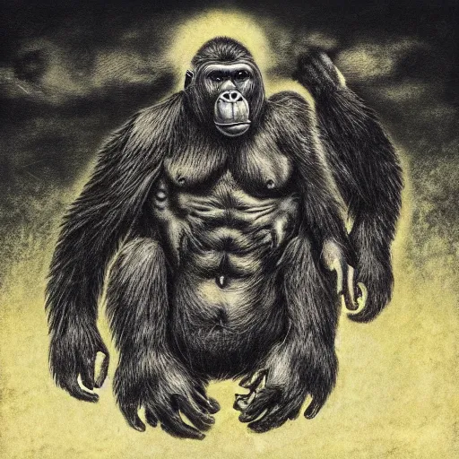 Image similar to gorilla falling from heaven, in the style of deathspell omega's fas album cover