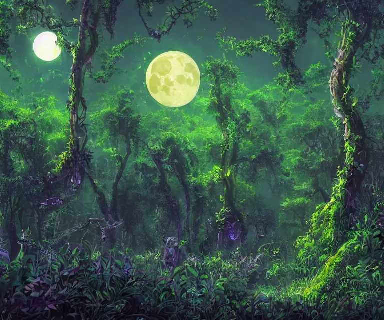 Prompt: a lush dense green forest, colorful glowing vines, wildlife, moon shining, soft tones, night time, highly detailed, 50mm, high fantasy