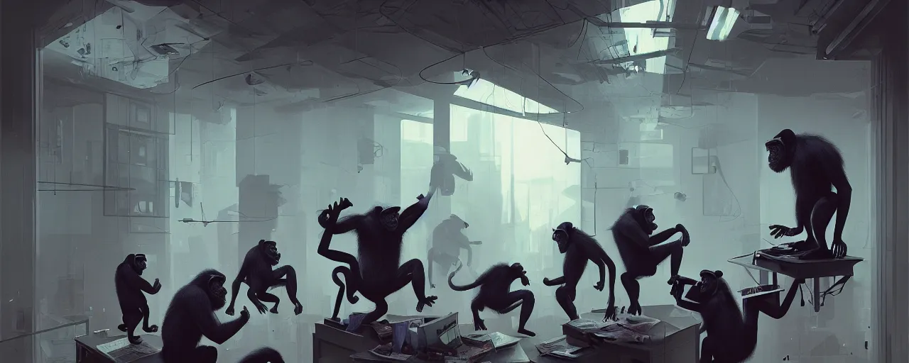 Image similar to duotone noir concept illustration of group wild and crazy chimps ruining inside of office rooms, octane render, concept hideo kojima surreal atmosphere, volumentric lighting. cosmic horror. accidental renaissance. by sachin teng and sergey kolesov and ruan jia and heng z. graffiti art, scifi, fantasy, hyper detailed. trending on artstation