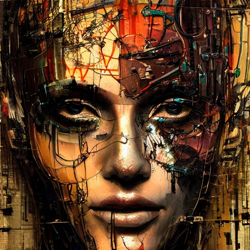 Prompt: human 3 d, beautiful sexy woman head made of mech mask rendered in unreal engine, cyberpunk, dark, scifi, dark cyberntic wires and vessels coming from core processor, contrast, painted by david burliuk | bernard buffet | carne griffiths | stanislaw lem