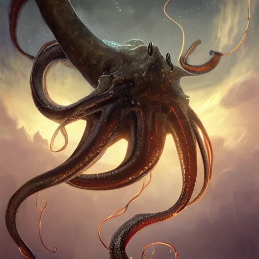 Image similar to epic cinematic shot of a big squid monster with long golden tentacles flying in deep space digital painting, artstation, concept art, soft light, hdri, smooth, sharp focus, illustration, fantasy, intricate, elegant, highly detailed, D&D, matte painting, in the style of Greg Rutkowski and Alphonse Mucha and artemisia, 8k, highly detailed, jurgens, rutkowski, bouguereau, pastoral, rustic, georgic