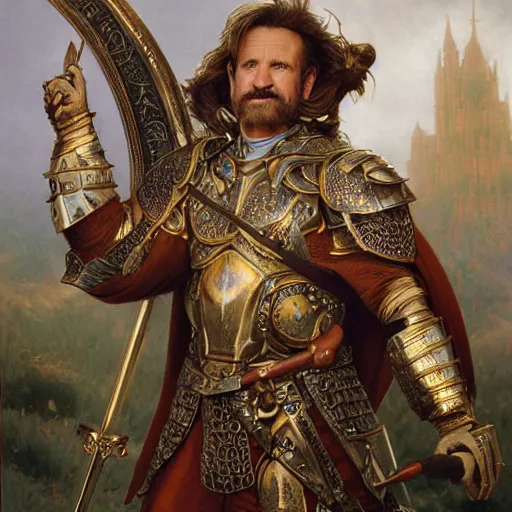 Image similar to an ultradetailed portrait of robin williams dressed as a fantasy holy paladin, carrying a large tower shield, d & d, fantasy, intricate, elegant, highly detailed, digital painting, matte, sharp focus, illustration, plate armor, god rays, art by john collier and albert aublet and krenz cushart and artem demura and alphonse mucha