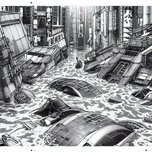 Prompt: high quality illustration of a japanese flooded cyberpunk city in the style of ghost in the shell and akira, manga, black and white, pencil, traditional art, anime, by katsuhiro otomo and masamune shirow and studio ghilibi and yukito kishiro, highly detailed