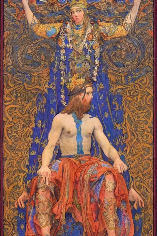 Image similar to coronation of the flower prince, by Annie Swynnerton and Nicholas Roerich, embroidered brocade, tattoos, elaborate costume, geometric ornament, symbolist, rich colors, dramatic lighting, smooth, sharp focus, extremely detailed