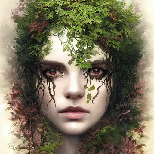 Image similar to portrait of a dryad, in a forest of fey autumn maples, her skin glistens with rainwater, she has a devilish smile and feline eyes, her hair intertwines with roots and foliage by greg rutkowski and brian froud and jessica rossier dark mysterious, filtered evening light