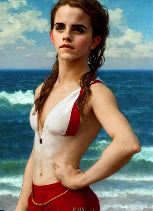 Image similar to portrait emma watson as sea lifeguard on the beach, full length shot, shining, 8k highly detailed, sharp focus, illustration, art by artgerm, mucha, bouguereau