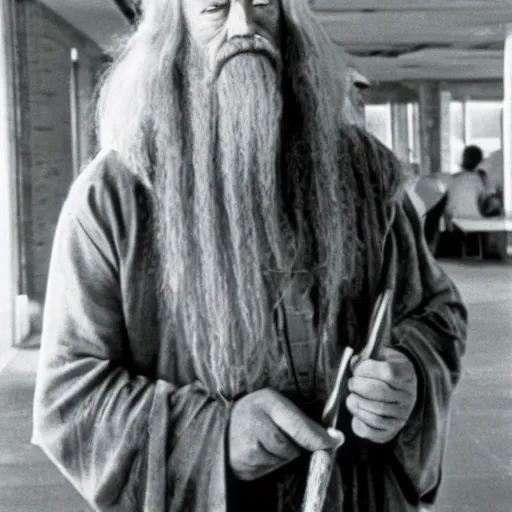 Image similar to Gandalf working as a school janitor circa 1985