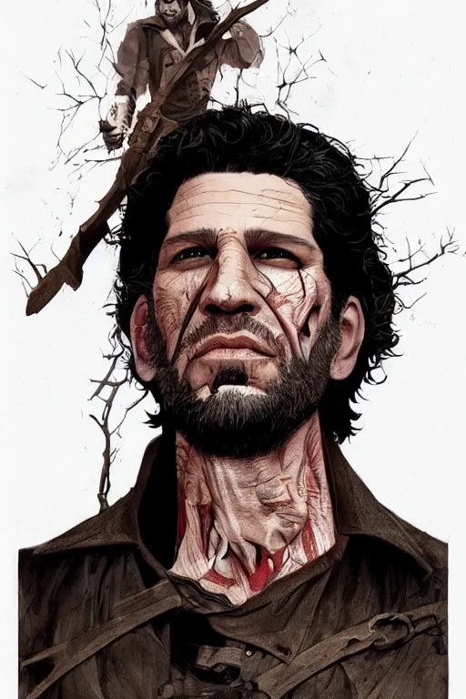 Prompt: jon bernthal in sleepy hollow, full body, big two toned eyes, teeth gritted, horror, intricate details, cinematic, epic, realistic, anatomy, tomer hanuka, uplight, artstation, photorealistic, scary