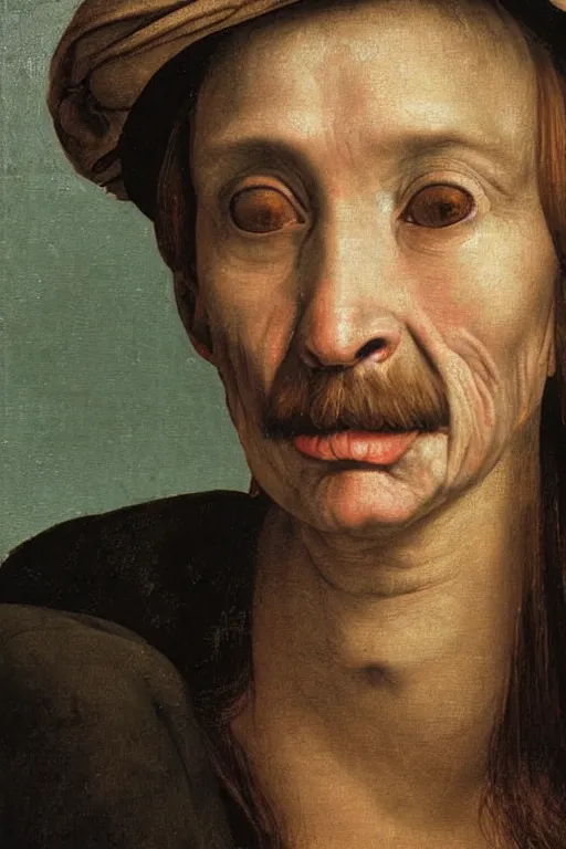 Image similar to hyperrealism extreme close-up portrait of medieval female with with leprosy, with mustache, pale skin, wearing cylinder hat, in style of Caravaggio