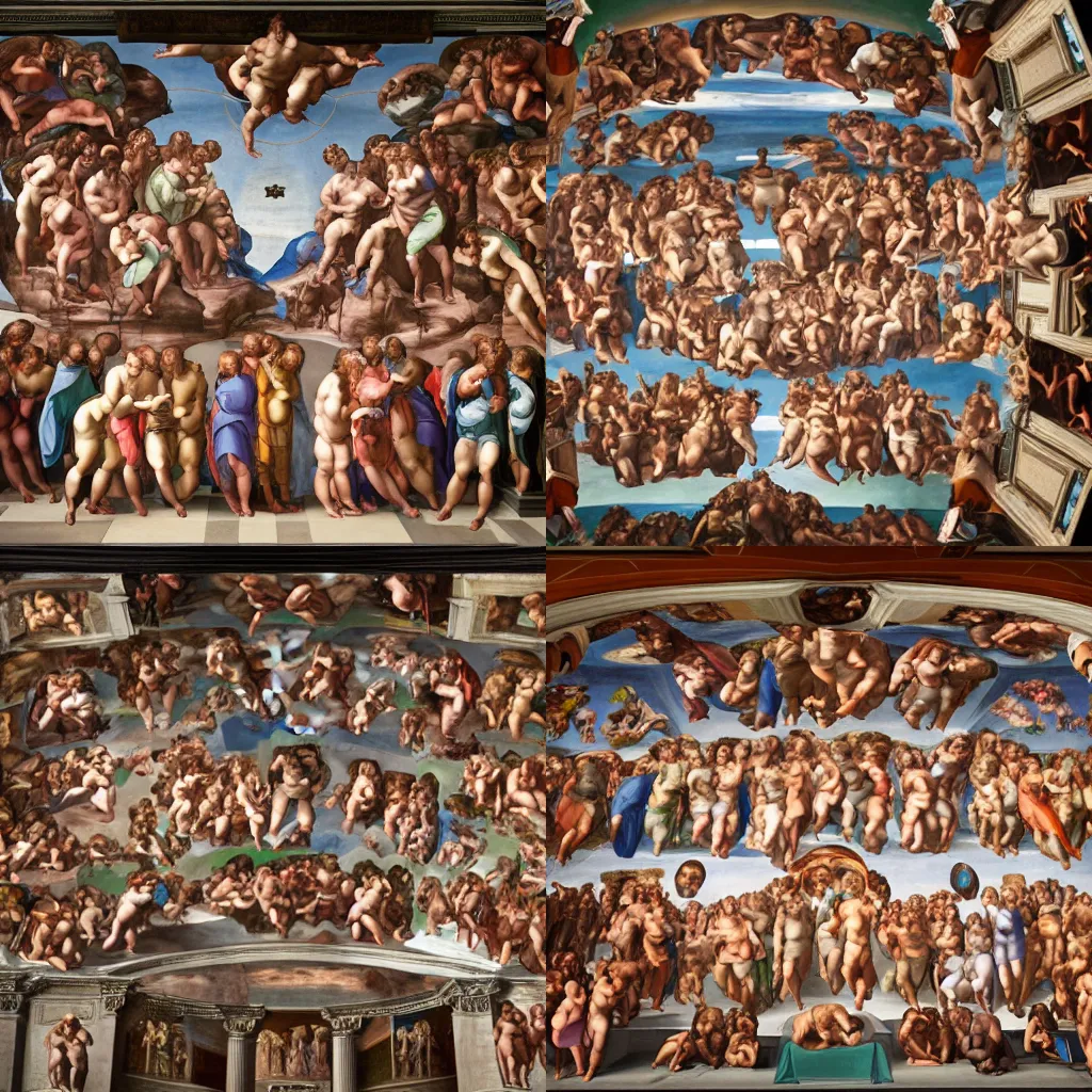 Prompt: creation of AI in the style of Sistine Chapel by Michelangelo