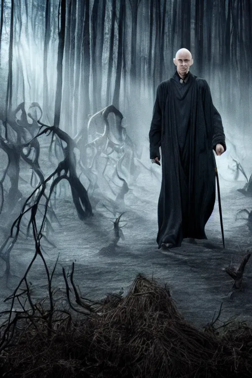 Image similar to lord Voldemort surrounded by death eaters in the forbidden forest