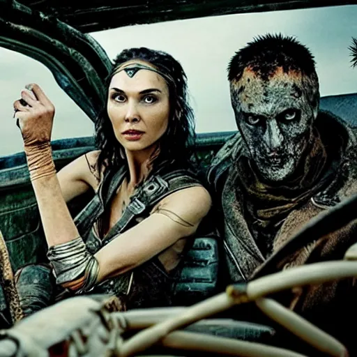 Prompt: a film still from the movie mad max fury road of the anthropomorphic cheetah raiders driving around in the post apocalyptic wasteland gal gadot