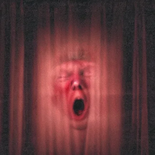 Image similar to photo of the inside of a dark old rainy bedroom window at night with the curtains pulled back, dimly lit creepy | screaming face of donald trump staring in and pressing his bloody face and hands against the window, horror, scary face, demonic face,