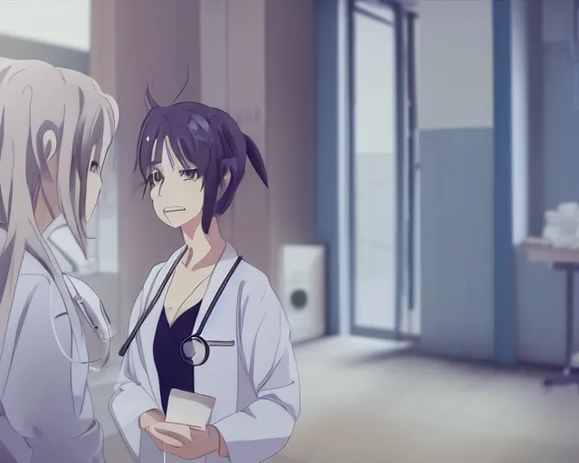 Image similar to a cute young female doctor wearing white coat are talking to a women in red shirt in a hospital, silver hair, slice of life anime, lighting, anime scenery by Makoto shinkai
