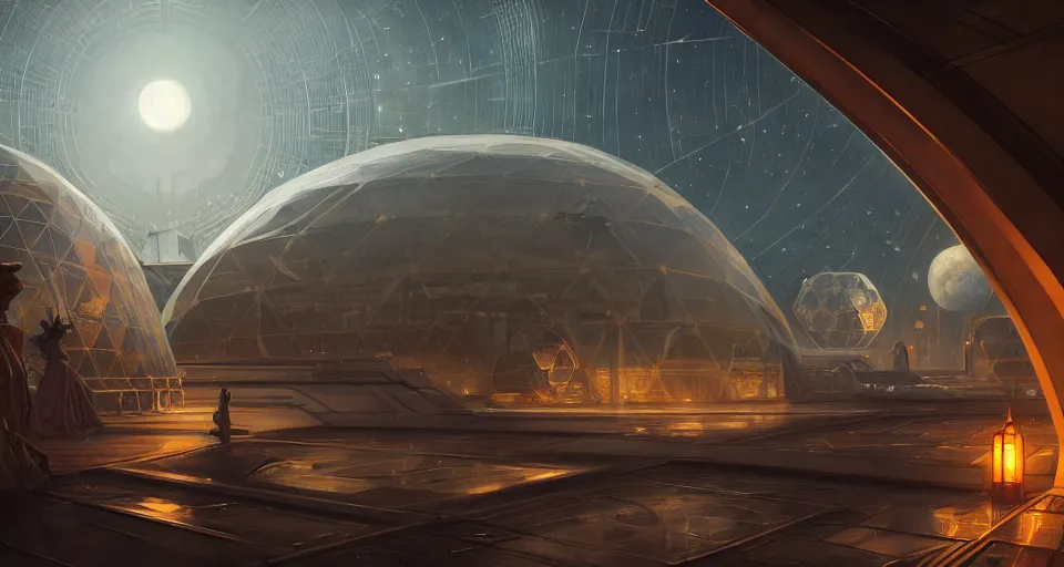 Image similar to cinematic shot, futuristic city on the moon inside a giant geodesic dome, utopian, night, stars, digital painting, artstation, concept art, smooth, sharp focus, illustration, intricate, elegant, highly detailed, in the style of greg rutkowski and alphonse mucha and artemisia, 8 k, highly detailed, jurgens, rutkowski