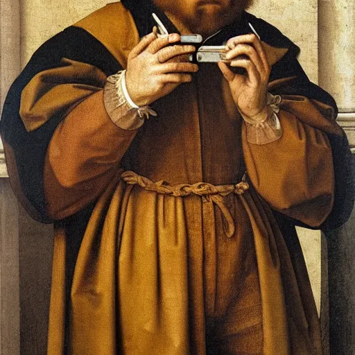 Prompt: man on a cell phone, by Hans Holbein the Younger