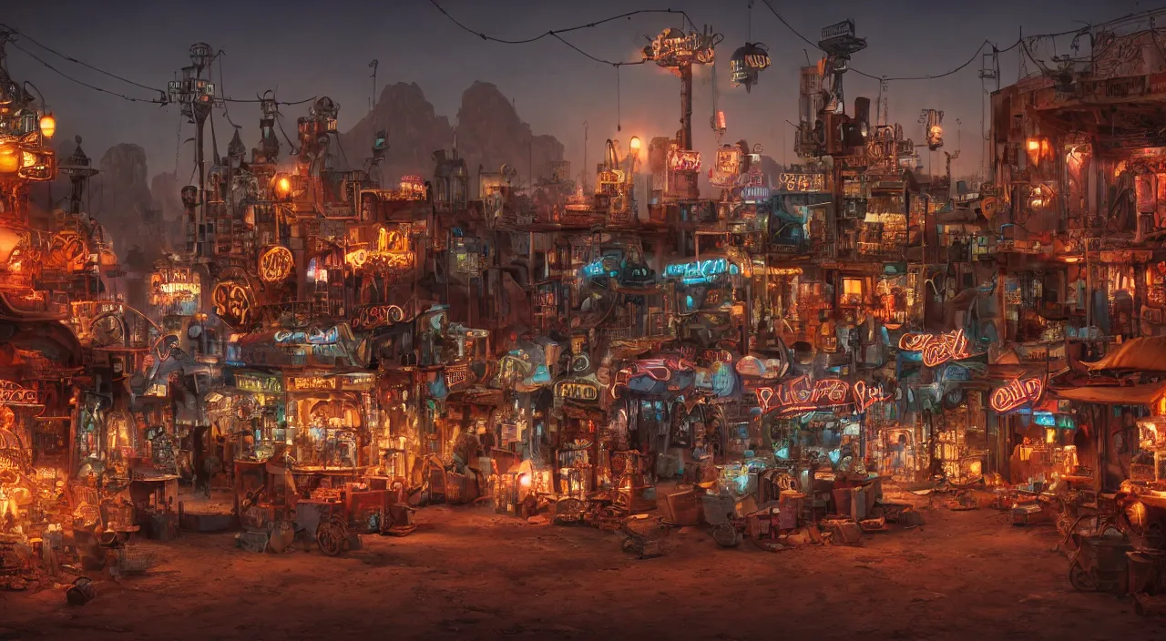 Image similar to a steampunk village in the desert at night, junk everywhere,neon lights, neon signs, magical atmosphere, mist, steam, photo realistic, 35mm, Matte painting, octane render, 8k, corona render, movie concept art by guido borelli da caluso