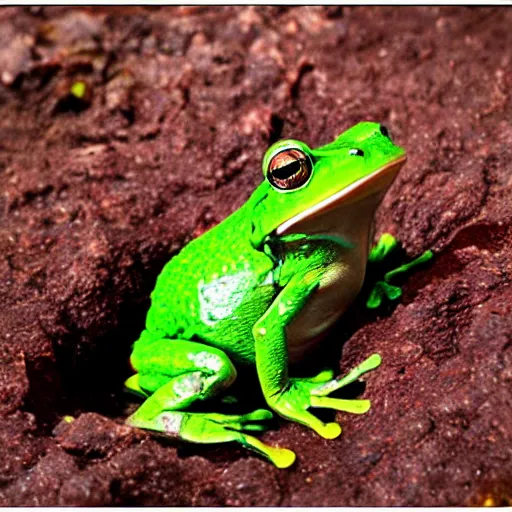 Image similar to frog screaming at an ocean of lava split in two