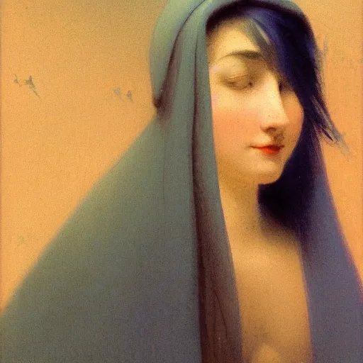Prompt: a young woman's face, her hair is white and she wears an indigo blue satin cloak, by ivan aivazovsky and syd mead and moebius and gaston bussiere and roger dean and pieter claesz and paul delaroche and alma tadema and aelbert cuyp and donato giancola, hyperrealistic, volumetric light, octane render