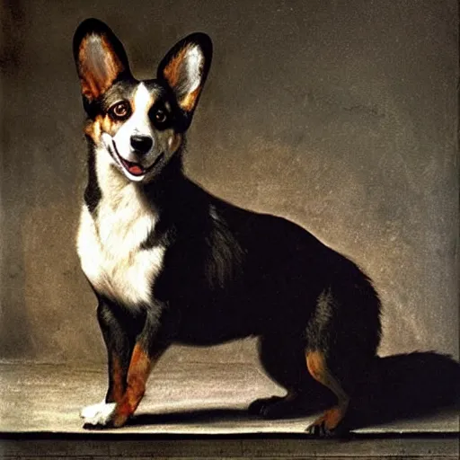 Image similar to A Hellhound corgi, caravaggio