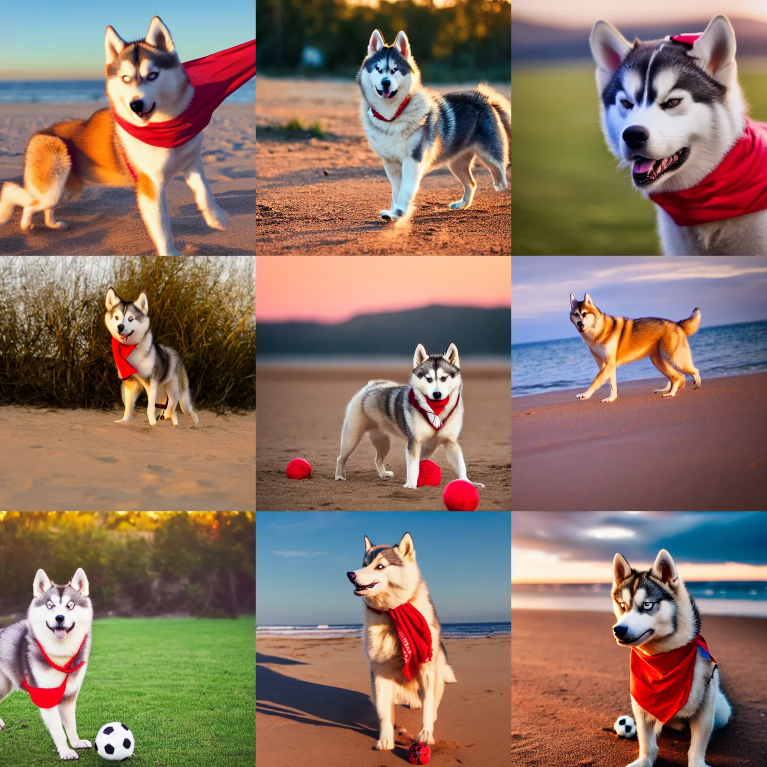 Prompt: a hsppy caramel husky wearing a red bandana, playing soccer on the beach, Golden hour, bokeh , 4k