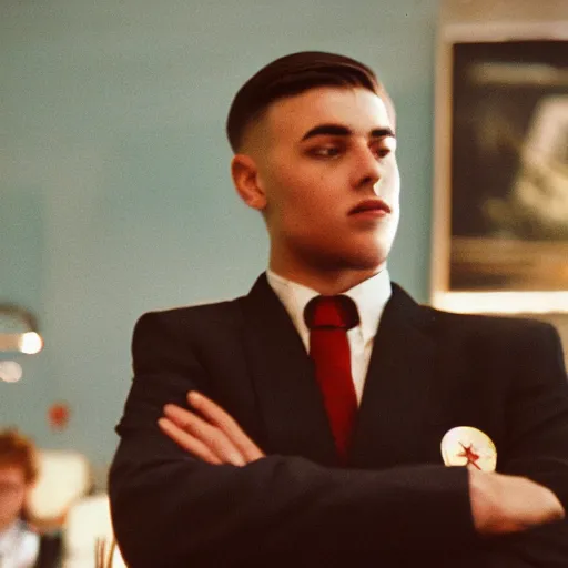 Image similar to A young man in a suit sits at a table , USSR logo in background, bokeh, cinestill, fine details