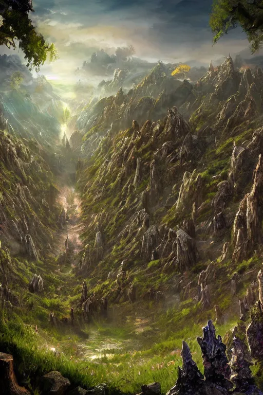 Prompt: Artwork in style of The Elder Scrolls Oblivion of the cinematic view of the Celestial Forest of Buried Enchantments.