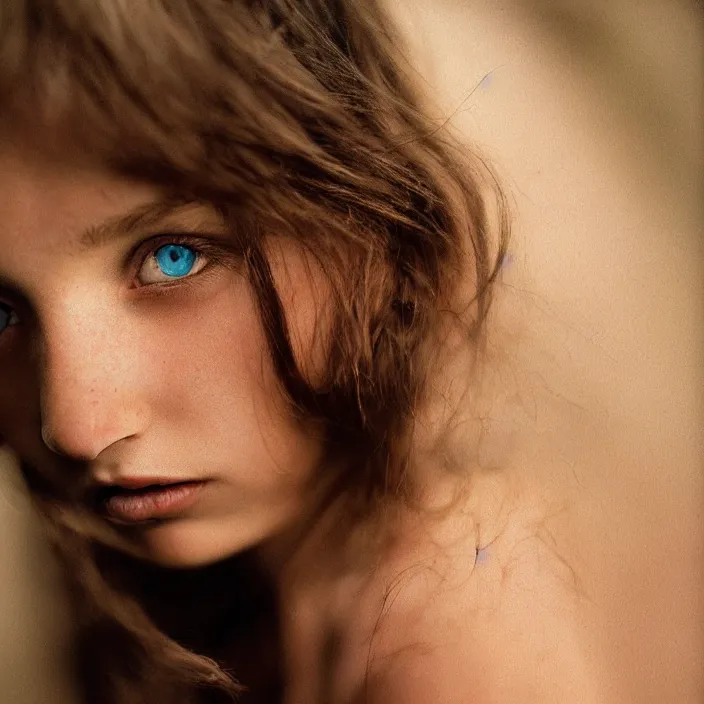 Prompt: Kodak Portra 400, 8K, highly detailed, dramatic photographic Close-up face of a extremely beautiful girl with clear blue eyes and brown hair , high light on the left, rim light, non-illuminated backdrop, illuminated by a dramatic light, Low key lighting, light dark, High constrast, dramatic , Steve Mccurry, Lee Jeffries , Norman Rockwell, Craig Mulins ,dark background, high quality, photo-realistic.