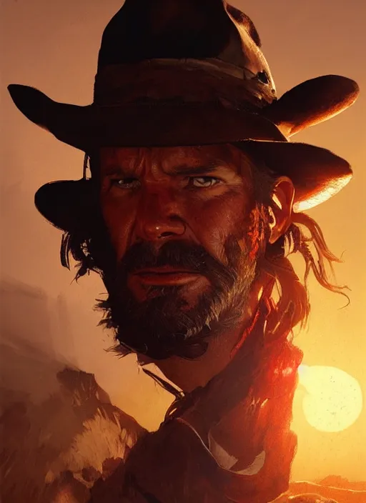 Image similar to highly detailed portrait of indiana jones red dead redemption art, unreal engine, fantasy art by greg rutkowski