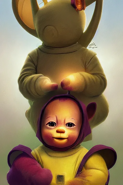 Image similar to teletubbies character portrait, intricate, elegant, highly detailed, digital painting, artstation, concept art, smooth, sharp focus, illustration, art by artgerm and greg rutkowski and alphonse mucha