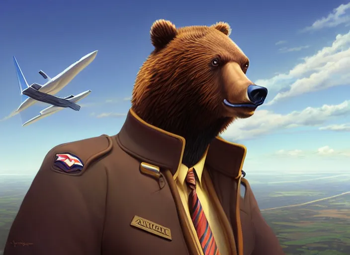 Image similar to character portrait feature of the anthro male anthropomorphic kamchatka brown bear fursona wearing airline pilot outfit uniform professional pilot for delta airlines character design stylized by charlie bowater, ross tran, artgerm, and makoto shinkai, detailed, soft lighting, rendered in octane