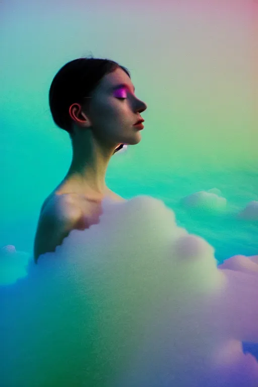 Image similar to high quality pastel coloured film close up wide angle photograph of a model wearing clothing swimming on cloud furniture in a icelandic black rock!! environment in a partially haze filled dreamstate world. three point light, rainbow. photographic production. art directed. pastel colours. volumetric clouds. pastel gradient overlay. waves glitch artefacts. extreme facial clarity. 8 k. filmic.