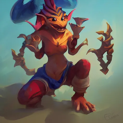 Image similar to female kobold jester, heartstone , 2d game art, official art, concept art , behance hd , concept art by Jesper Ejsing, by RHADS, Makoto Shinkai