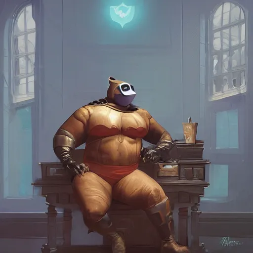 Image similar to a insanely detailed painting of a fat masked superhero wearing a costume sitting at a desk, staring at the nervously at the computer and clicking on the mouse, in the style of peter mohrbacher, dramatic lighting and composition, trending on artstation, concept art, comic book