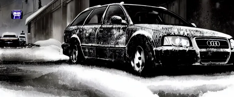 Image similar to Audi A4 B6 Avant (2002), a gritty neo-noir, dramatic lighting, cinematic, eerie person, death, homicide, homicide in the snow, viscera splattered, gunshots, bullet holes, establishing shot, extremely high detail, cracked windows, photorealistic, arson, makeshift grave, cinematic lighting, artstation, by simon stalenhag, Max Payne (PC) (2001) winter New York at night, In the style of Max Payne 1 graphic novel, flashing lights, Poets of the Fall - Late Goodbye