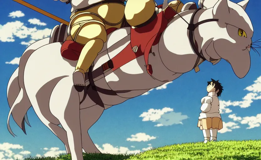 Prompt: anime fine details art about obese knight riding a giant cat, bokeh. anime masterpiece by studio ghibli. 8 k, sharp high quality classic anime from 1 9 9 0 in style of hayao miyazaki