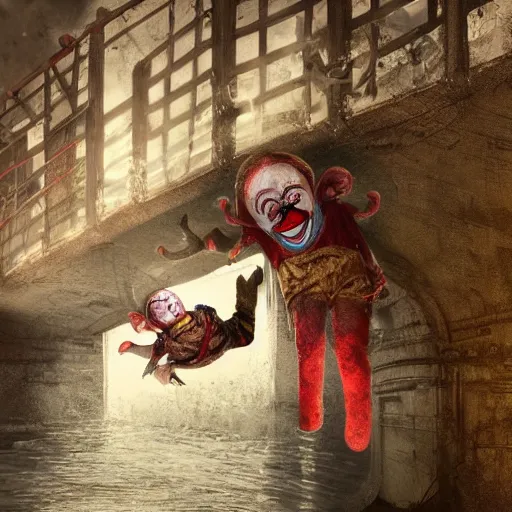 Prompt: clown falling from under a bridge, concept art, artstation, realistic photo, dark, highly detailed, 4 k