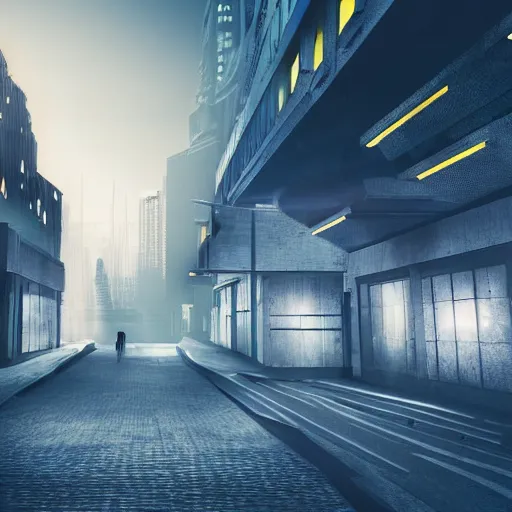 Image similar to futuristic urban city at dusk. figure is obscured by darkness with two bright, shining eyes peering out from the shadows of an alley. cgartist. leading lines. volumetric lighting. god rays.