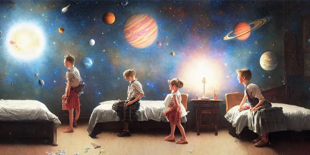 Image similar to one 5 year old boy and one 1 2 year old girl dreaming in their room with a wall with the universe full of galaxies and planets, imagination, part by norman rockwell, part by greg rutkowski, part by mattias adolfsson, high angle, ( ( ( ( volumetric lighting ) ) ) ), oil on canvas