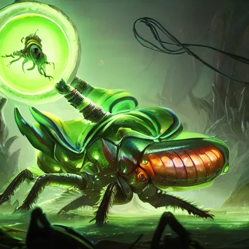 Image similar to a giant glowing worm beetle, worm monster, worm beetle, horned beetle, horned beetle, green theme, bright art masterpiece artstation. 8 k, sharp high quality artwork in style of jose daniel cabrera pena and greg rutkowski, concept art by tooth wu, blizzard warcraft artwork, hearthstone card game artwork, horned worm