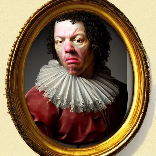 Image similar to A 17th century Baroque Painting of Dean Ween, grainy, realistic, hyperrealistic, very realistic, very very realistic, highly detailed, very detailed, extremely detailed, detailed, digital art, trending on artstation, detailed face, very detailed face, very detailed face, realism, HD Quality, 8k resolution, intricate details, body and head in frame, painting, oil painting, trending on deviantart, Baroque Painting