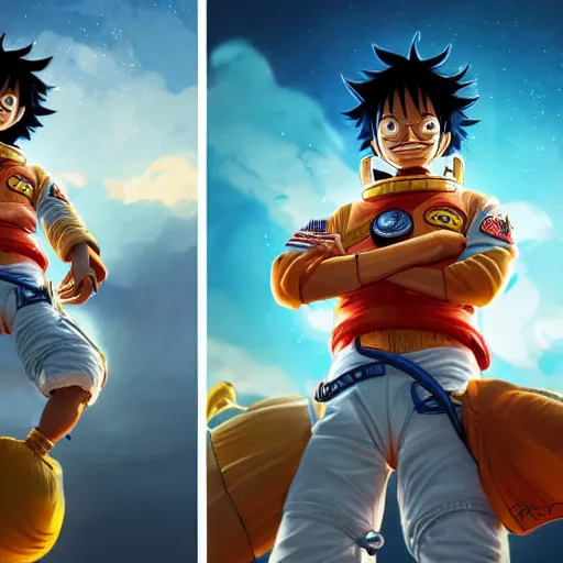 Image similar to luffy in a astronaut suit and luffy, intricate, luffy, highly detailed, digital painting, artstation, concept art, smooth, sharp focus, illustration, luffy, unreal engine 5, 8 k, art by artgerm and greg rutkowski and alphonse mucha