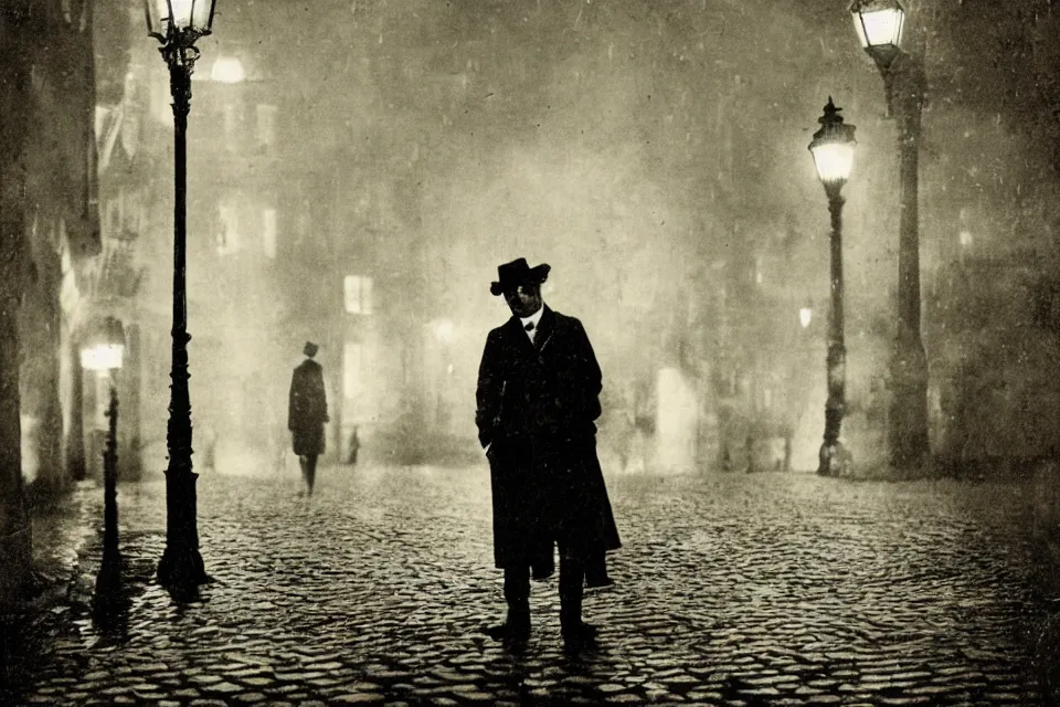 Image similar to wet plate photograph, august strindberg waking alone at night along cobblestone street in vienna, night time, alone, lamplight, victorian era, depth of field, very detailed, fog, highly accurate, intricate