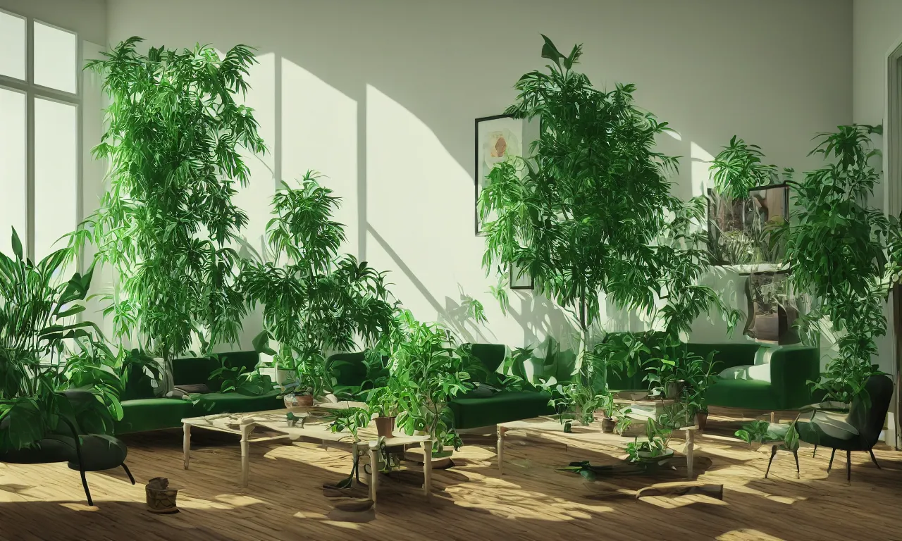 Image similar to comfy green living room with many plants, complicated liminal interior, Lynchian, unsettling, dreamlike with vapor clouds and painting by Henri Rousseau, 3D render by Beeple and Barry Chuckle, layered, parallax effect